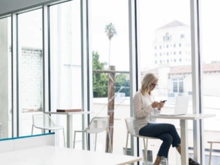 work bar by floor to ceiling windows